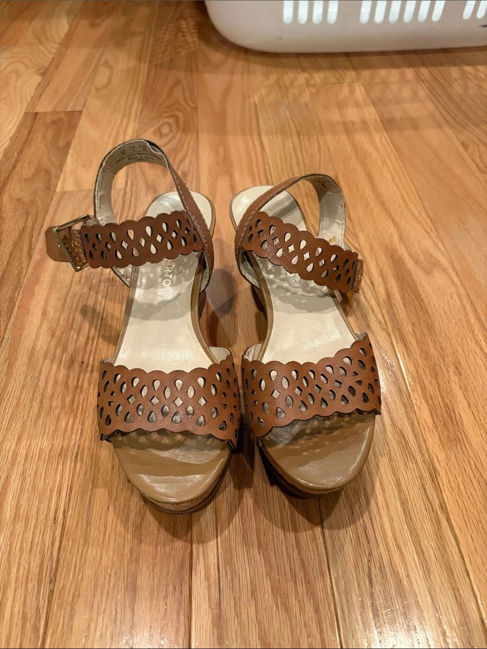 Franco Sarto Brown Laser-Cut Cork Wedge Sandals
